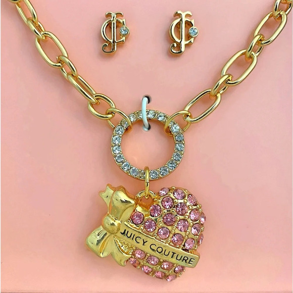 Juicy Couture Gold-Tone Pink Rhinestones Heart Charm Necklace & JC Earrings Set - Picture 4 of 7